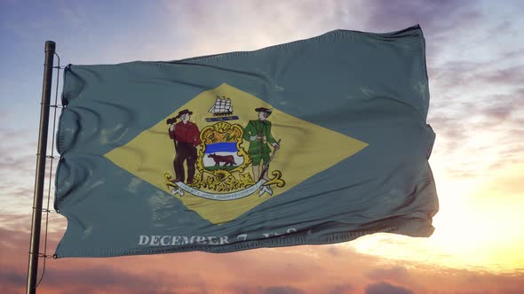 Flag of Delaware Waving in the Wind Against Deep Beautiful Sky at Sunset alt