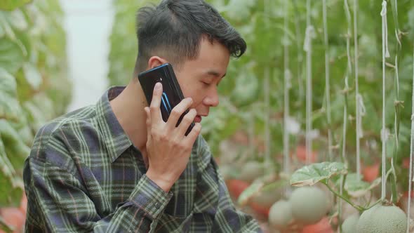 Asian Farmer Talking On Mobile Phone In Organic Farms With Book. Agriculture Or Cultivation Concept alt