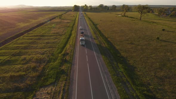 Aerial shot: semi truck carrying wood by road.