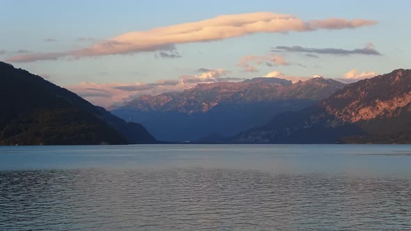 Time lapse view lake Thun (Thunersee) and mountains of Swiss Alps in city Spiez
