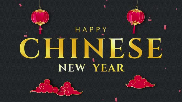 Oriental style doors opening with golden Happy Chinese New Year texts on dark pattern background