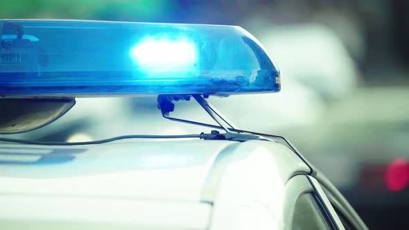 Flashing Flasher on the Roof of a Police Car. Blinker. Close-up. alt