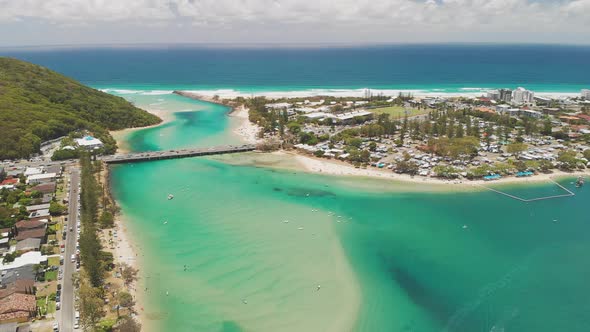 Aerial drone view of Tallebudgera Creek and beach on the Gold Coast, Queensland, Australia alt