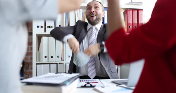 Business People Throwing Up Lot of Dollar Bills in Office  Movie Slow Motion