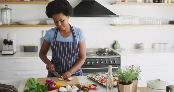 Happy african american woman preparing dinner in kitchen alt