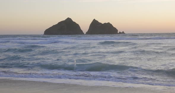 Beautiful view of Holywell Bay in Cornwall at sunset
