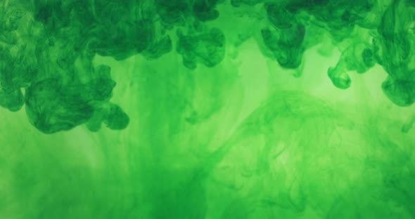Green Color Paint Ink Drops in Water at White Background, Inky Cloud Flowing Underwater, Abstract alt