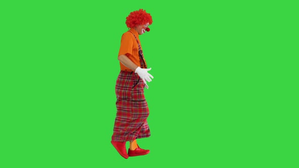 Funny Clown Walking and Looking Back Sometimes on a Green Screen, Chroma Key. alt