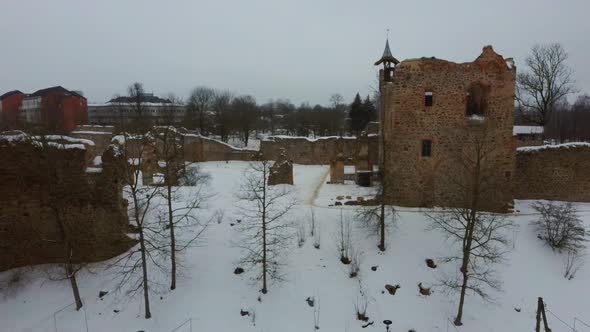 Ruins of Ancient Livonian Order's Stone Medieval Castle Latvia Aerial Drone Top Shot  alt