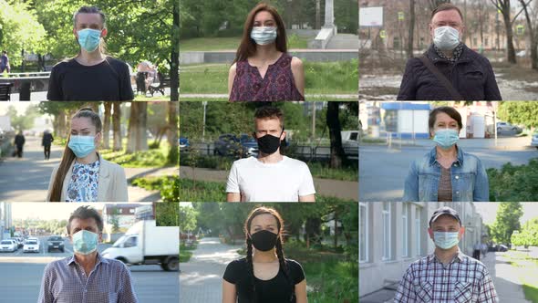 Different People in Medical Masks on the Street.