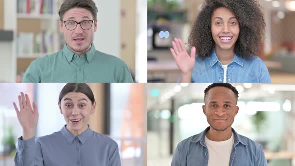Collage of Different Races People Waving Towards Camera alt