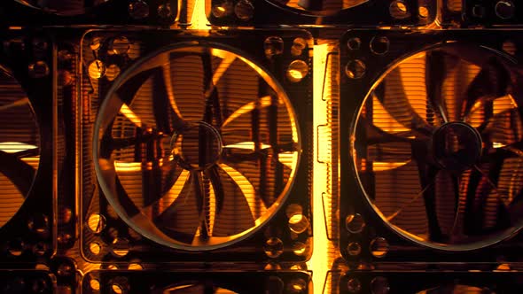 CPU fans array. Endless rows of cooling computer CPU fans. Orange light. 4k alt