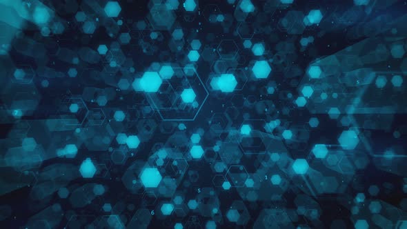 Flying Among Abstract Technological Glowing Hexagons and Hexadecimal Code alt