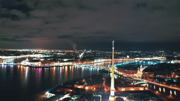 Aerial View of Peter and Paul Fortress Spire with a Gold Cross and an Angel, St Petersburg, Russia