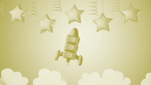 3d Cartoon Toy Rocket And Stars Yellow Kids Background