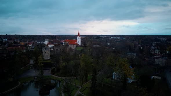 Cesis City, Latvia Aerial View With Medieval St. John’s Church and Ruins of the Beautiful Castle  alt