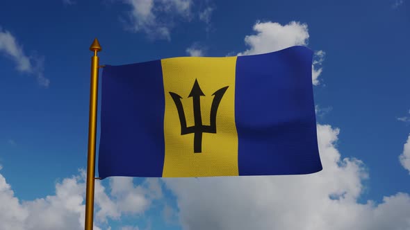 National flag of Barbados waving with flagpole and blue sky timelapse alt