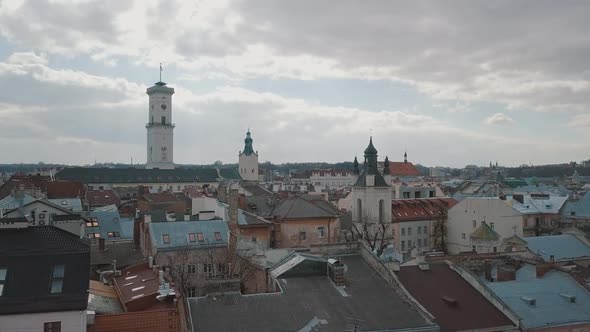 Aerial City Lviv, Ukraine. European City. Popular Areas of the City. Rooftops alt