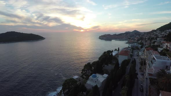 Aerial of the coast and Lokrum Island at sunset alt