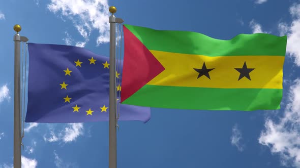 European Union Flag Vs Sao Tome And Principe Flag On Flagpole alt