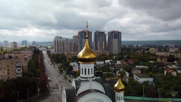 Kharkiv city cathedral aerial. Scenic cityscape