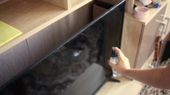 The Woman Cleans the TV From the Dust with a Rag and Alcohol Solution
