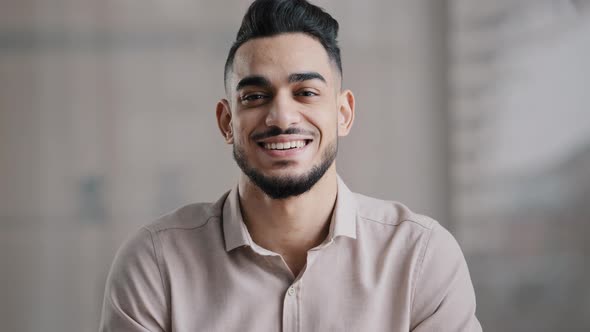 Happy Joyful Guy Hispanic Arabian Handsome Young Man Casual Model with Toothy Smile Look at Camera alt