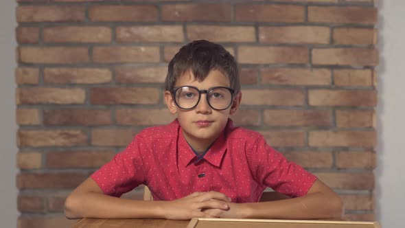 Child Sitting at the Desk Holding Flipchart with Lettering Pr on the Background Red Brick Wall alt