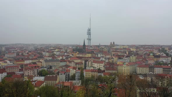 Aerial View of Citycape of Old Town of Prague, with a Lot of Rooftops, Churches, and the Landmark of