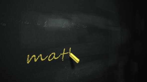 Animation of yellow chalk writing the English word 'mathematics' on a board. alt