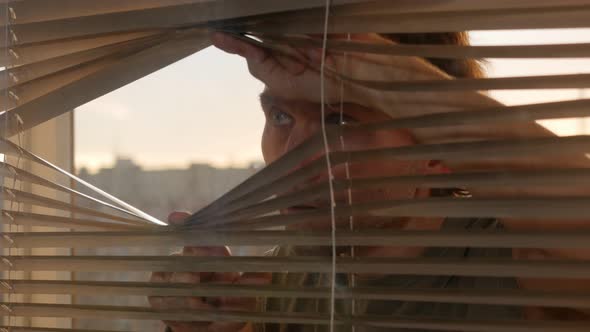 Adult Man Staring Through Window Blinds 