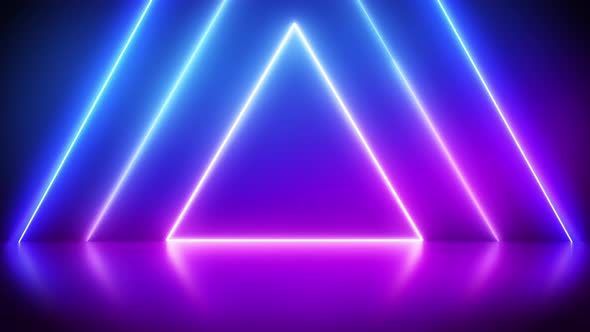 Neon abstract triangle on reflective background. Glowing frame. Club 4K video.
