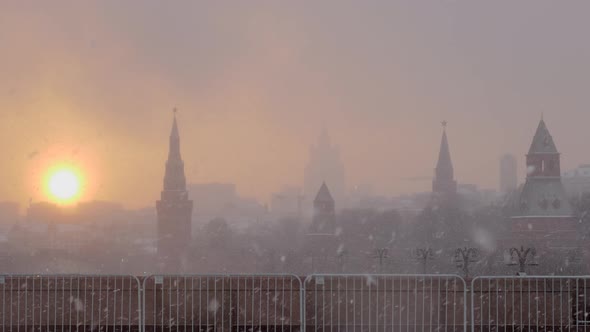 Russia, Moscow city center in a strong snowstorm.