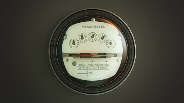 Analog electricity meter showing household consumption in kilowatt hours. alt