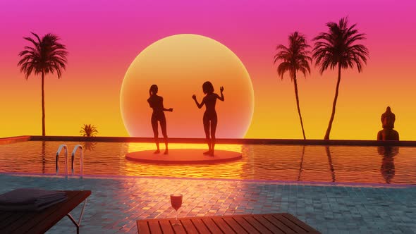 Happy Young Females Dancing in Swimming Pool in Luxury Resort Sunset Time alt