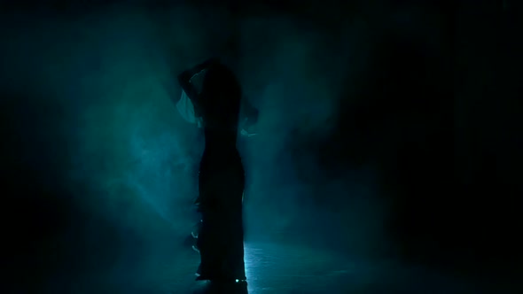 Talanted Exotic Belly Dancer Girl, Whirl, on Black, Slow Motion, Silhouette, Smoke alt