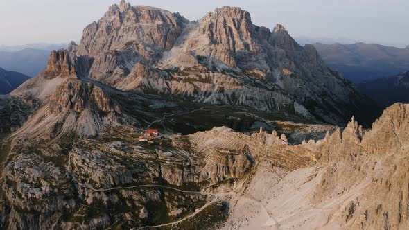 Aerial View Over Locatelli Dreizinnen Refuge at Three Peaks of Lavaredo  Tre Cime Di Lavaredo alt