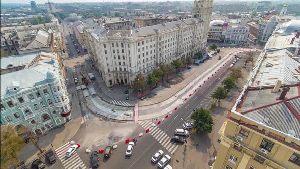 Constitution Square with Historical Buildings Aerial Timelapse in Kharkiv Ukraine alt