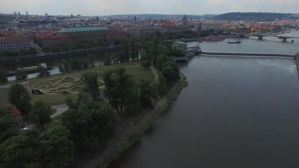 Aerial view of Vltava River with an island