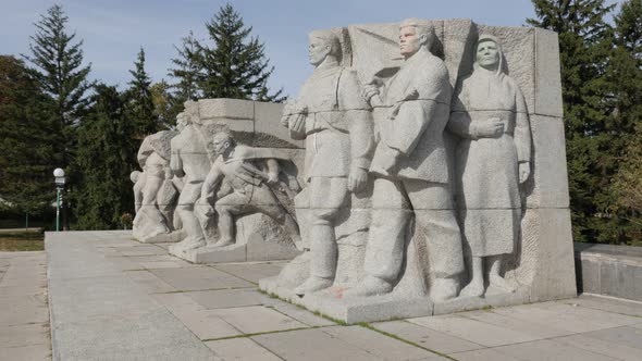 VIDIN, BULGARIA - OCTOBER 10, 2017 Post-war monument on river Danube banks slow tilting footage
