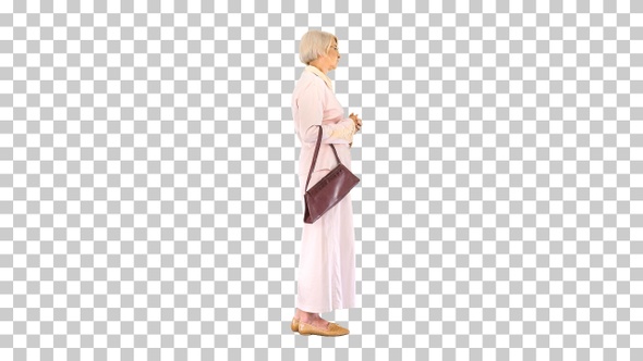 Old woman lady in pink dress standing and waiting, Alpha Channel alt