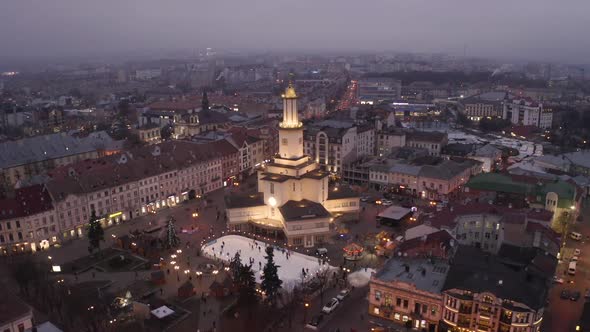 Aerial Sunset View of the Center of Ivano Frankivsk City in the Evening, Ukraine, Old Historical