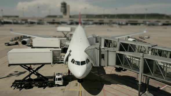 Commercial Airplane Standing at Busy Airport Terminal alt