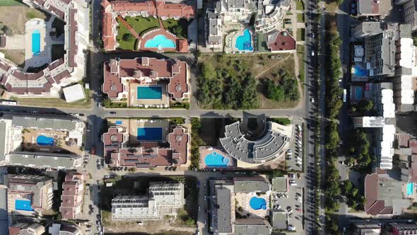 Aerial footage of the beautiful town centre of Sunny Beach in Bulgaria alt