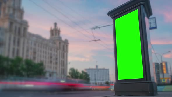 Blank Vertical Advertising Green Billboard Poster, Pillar, Gets Dark, Timelapse