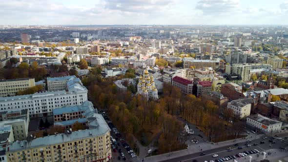 Autumn aerial city center sights, Kharkiv Ukraine