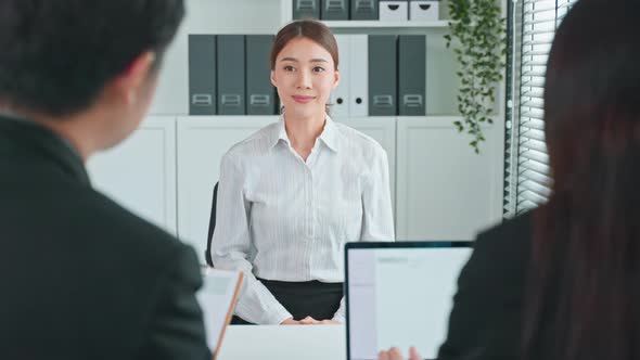 Asian beautiful woman talk with business hr manager for job apply interview in office workplace. alt