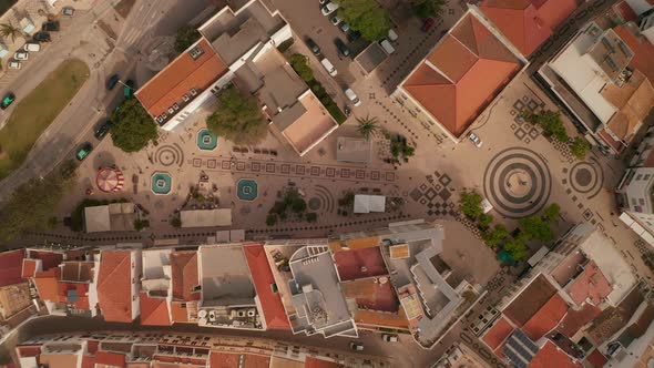 Aerial Birds Eye Overhead Top Down View of Gil Eanes Square in Lagos Algarve Portugal Drone Rising alt