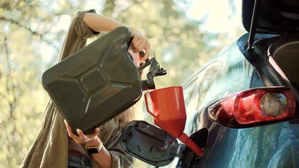 Driver Opens Car Fuel Tank Filling Gasoline. Fill Petrol Benzine On Trip Canister Auto Journey. alt