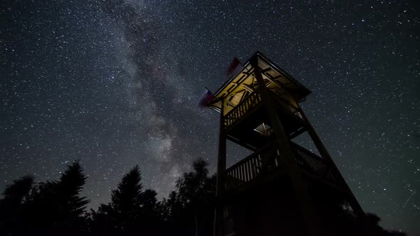 Stars Sky with Milky Way Galaxy over Lookout Tower alt